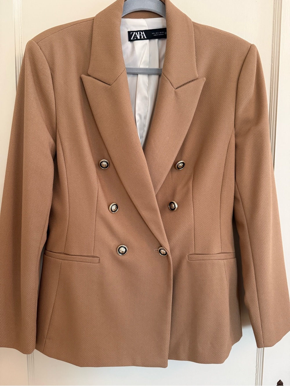 Zara Tan Double-Breasted Blazer with Gold-Tone Buttons
